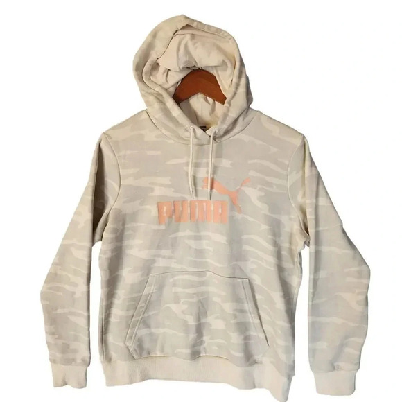 Puma Sweatshirt Women's Size Large Beige Essentials Logo Camo Hoodie Marshmallow - Picture 1 of 11
